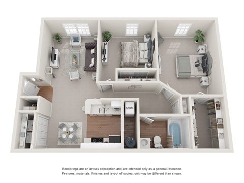 Floor plan for 2 beds, 1 bath, 844 sqft